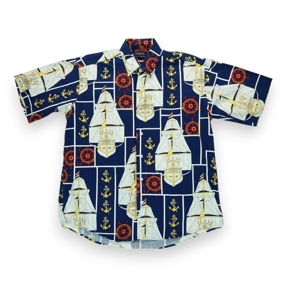 VTG 80s 90s‎ Gant Rough Weather Nautical Print AOP Canvas Shirt Oversize Mens M